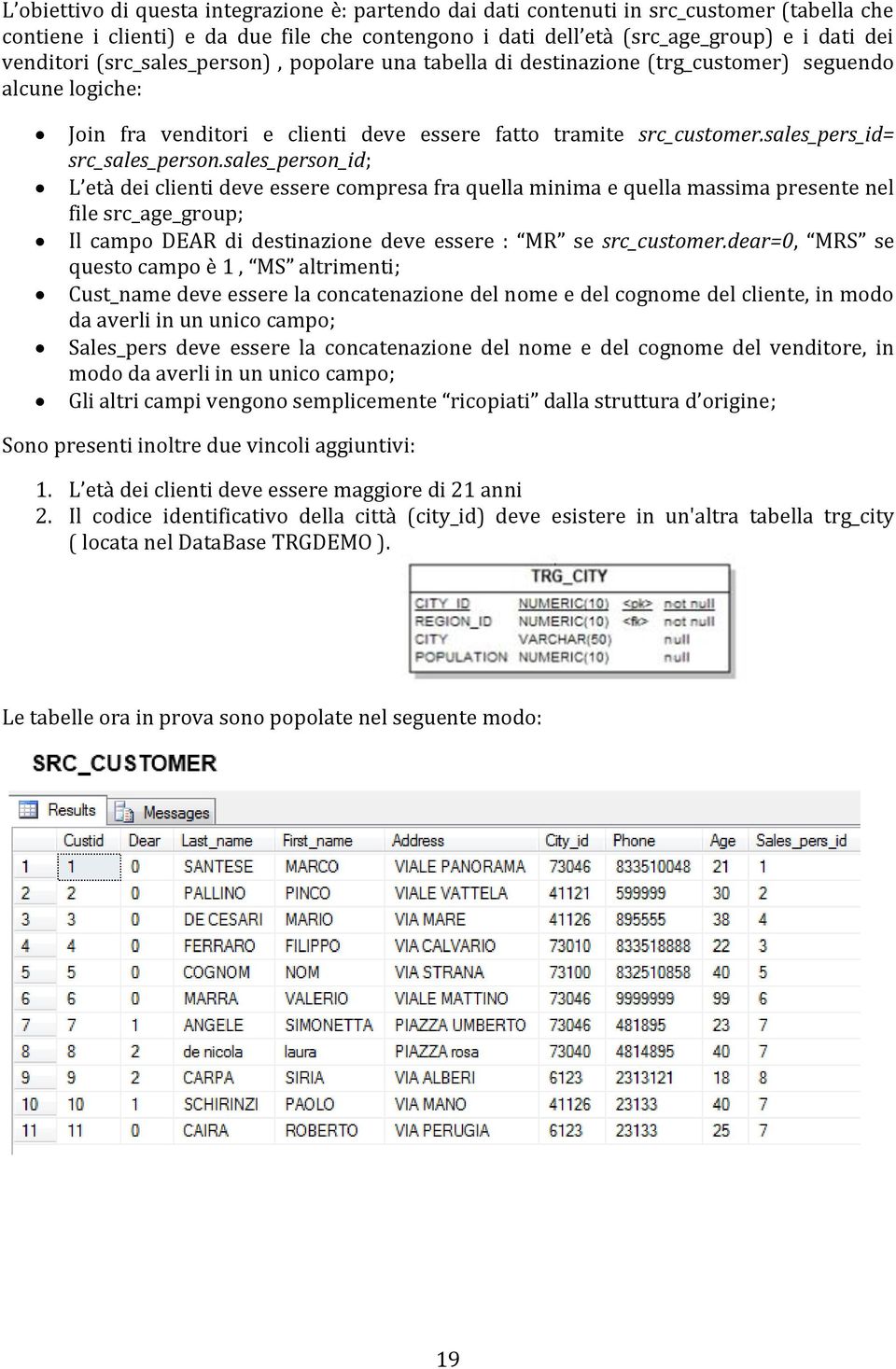 sales_person_id; L età dei clienti deve essere compresa fra quella minima e quella massima presente nel file src_age_group; Il campo DEAR di destinazione deve essere : MR se src_customer.