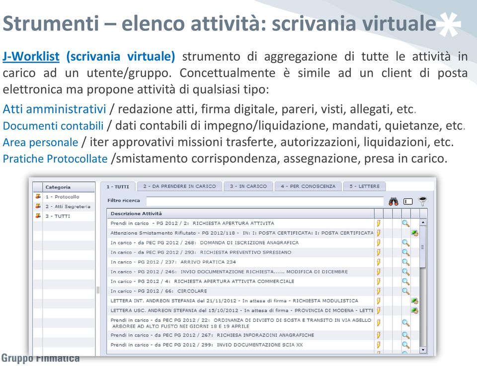 Concettualmente è simile ad un client di posta elettronica ma propone attività di qualsiasi tipo: Atti amministrativi / redazione atti, firma