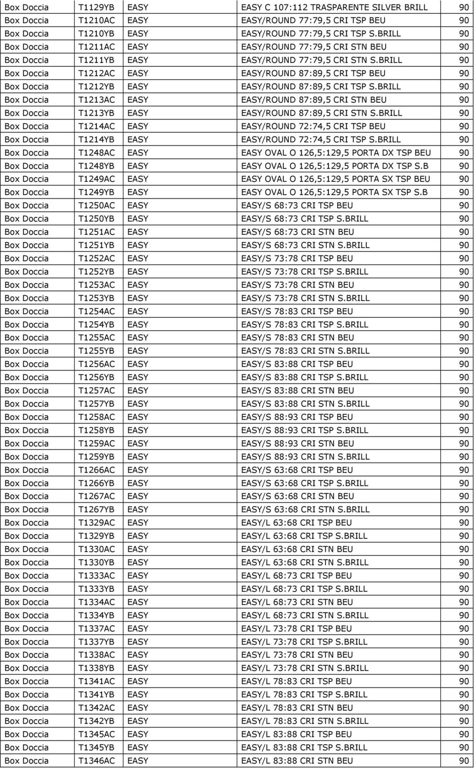 BRILL 90 Box Doccia T1212AC EASY EASY/ROUND 87:89,5 CRI TSP 90 Box Doccia T1212YB EASY EASY/ROUND 87:89,5 CRI TSP S.