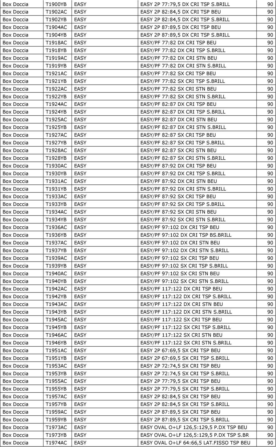 BRILL 90 Box Doccia T1918AC EASY EASY/PF 77:82 DX CRI TSP 90 Box Doccia T1918YB EASY EASY/PF 77:82 DX CRI TSP S.