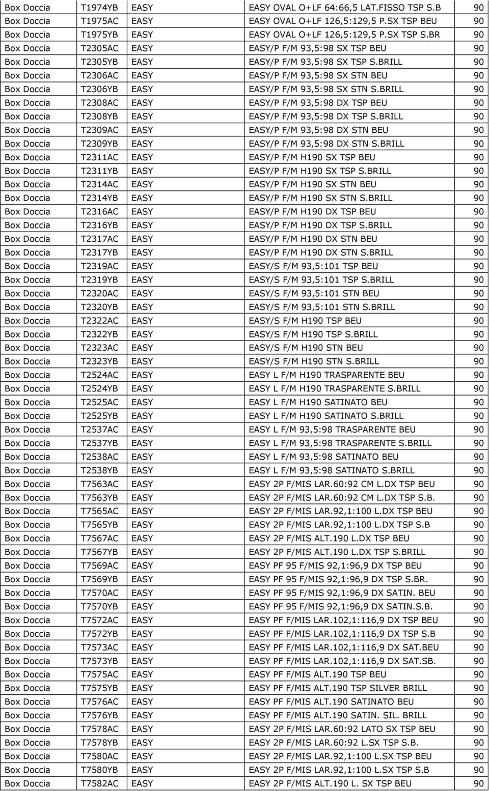 BRILL 90 Box Doccia T2306AC EASY EASY/P F/M 93,5:98 SX STN 90 Box Doccia T2306YB EASY EASY/P F/M 93,5:98 SX STN S.