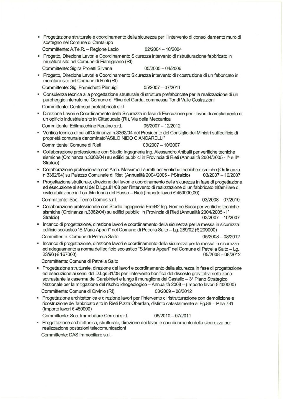 ra Proietti Silvana 05/2005-04/2006 Progetto, Direzione Lavori e Coordinamento Sicurezza intervento di ricostruzione di un fabbricato in muratura sito nel Comune di Rieti (RI) Committente: Sig.