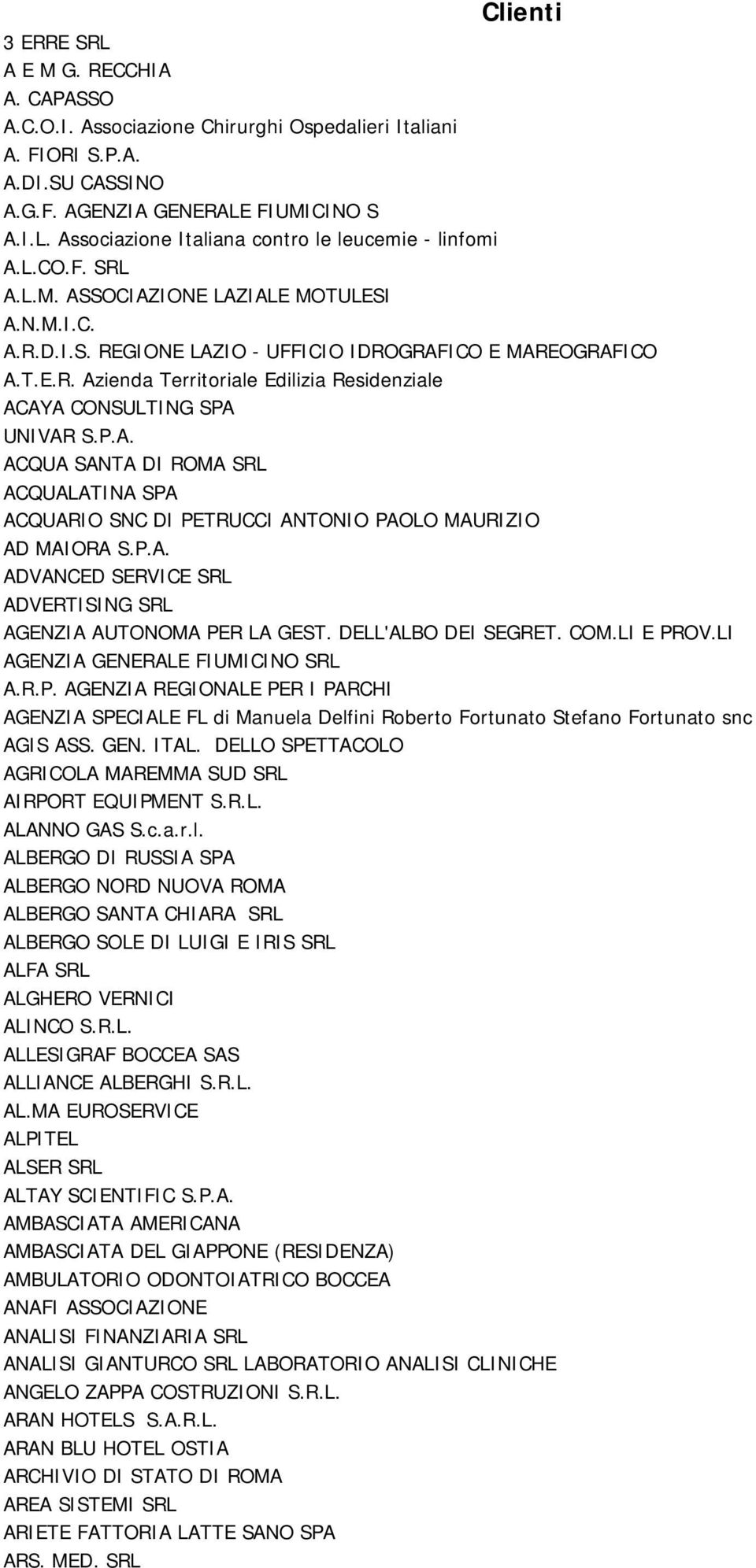 P.A. ACQUA SANTA DI ROMA SRL ACQUALATINA SPA ACQUARIO SNC DI PETRUCCI ANTONIO PAOLO MAURIZIO AD MAIORA S.P.A. ADVANCED SERVICE SRL ADVERTISING SRL AGENZIA AUTONOMA PER LA GEST. DELL'ALBO DEI SEGRET.