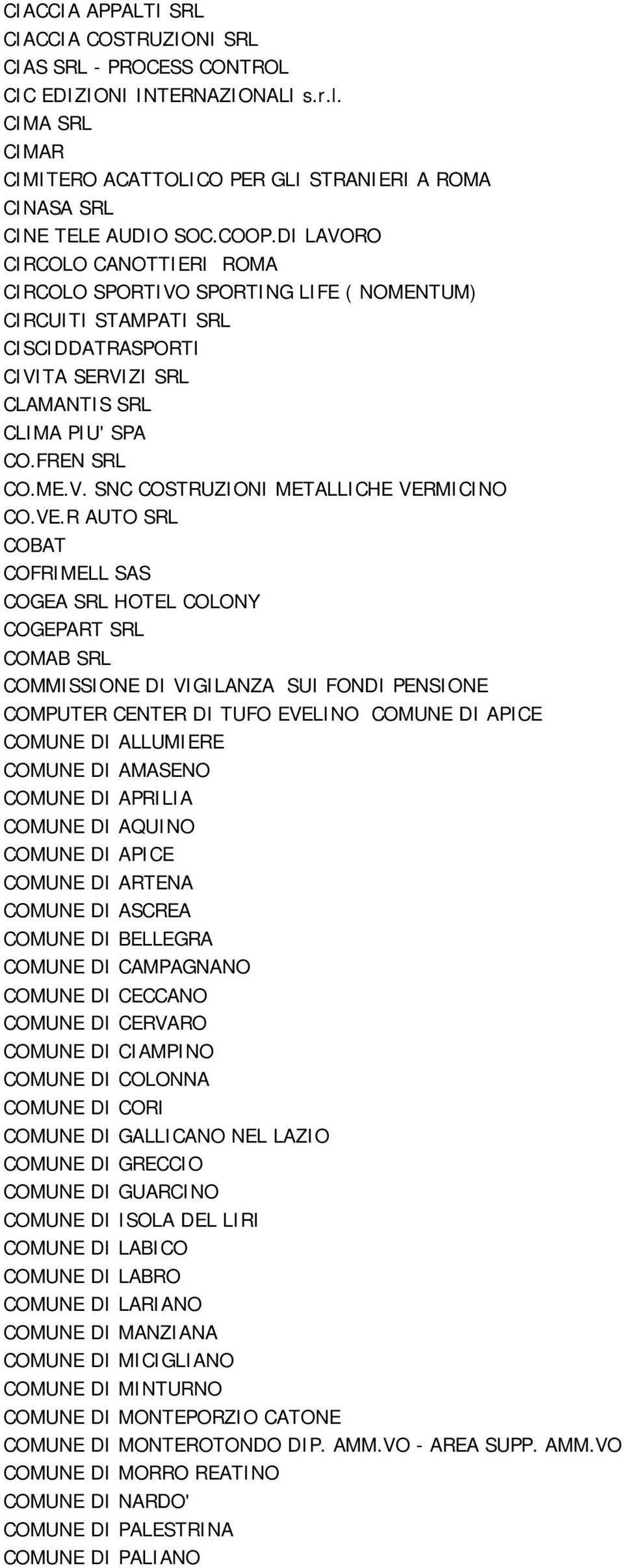 VE.R AUTO SRL COBAT COFRIMELL SAS COGEA SRL HOTEL COLONY COGEPART SRL COMAB SRL COMMISSIONE DI VIGILANZA SUI FONDI PENSIONE COMPUTER CENTER DI TUFO EVELINO COMUNE DI APICE COMUNE DI ALLUMIERE COMUNE