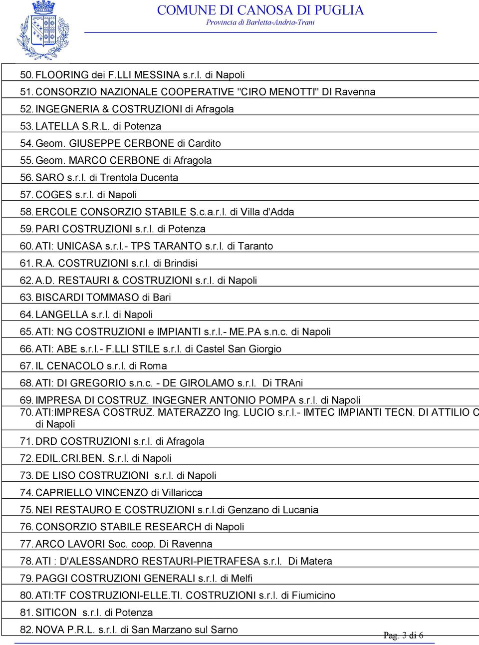 PARI COSTRUZIONI s.r.l. di Potenza 60. ATI: UNICASA s.r.l.- TPS TARANTO s.r.l. di Taranto 61. R.A. COSTRUZIONI s.r.l. di Brindisi 62. A.D. RESTAURI & COSTRUZIONI s.r.l. di Napoli 63.