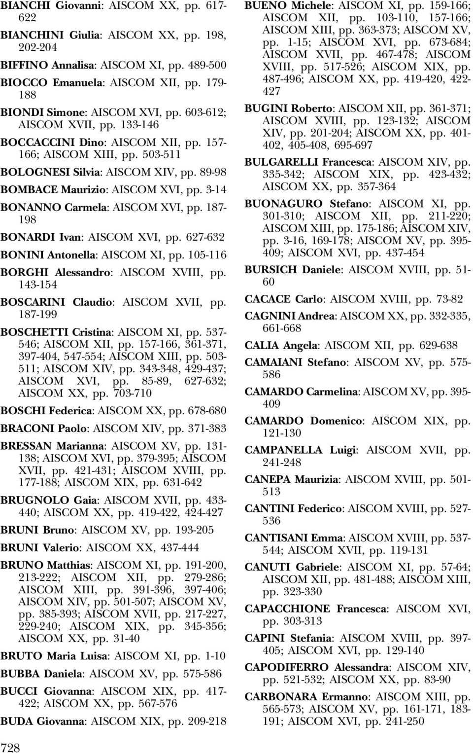 3-14 BONANNO Carmela: AISCOM XVI, pp. 187-198 BONARDI Ivan: AISCOM XVI, pp. 627-632 BONINI Antonella: AISCOM XI, pp. 105-116 BORGHI Alessandro: AISCOM XVIII, pp.