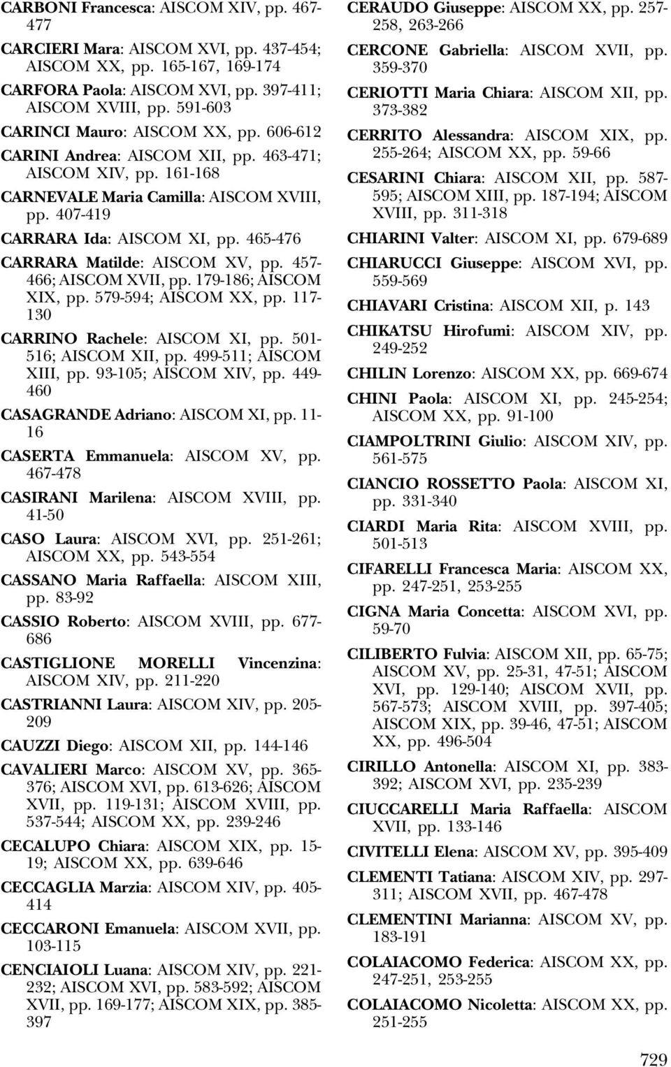 465-476 CARRARA Matilde: AISCOM XV, pp. 457-466; AISCOM XVII, pp. 179-186; AISCOM XIX, pp. 579-594; AISCOM XX, pp. 117-130 CARRINO Rachele: AISCOM XI, pp. 501-516; AISCOM XII, pp.