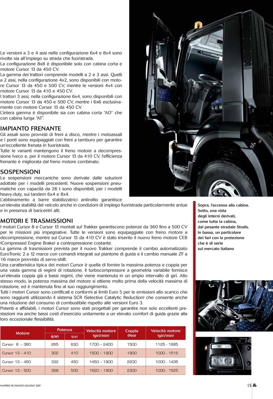 Quelli a 2 assi, nella configurazione 4x2, sono disponibili con motore Cursor 13 da 450 e 500 CV, mentre le versioni 4x4 con motore Cursor 13 da 410 e 450 CV.