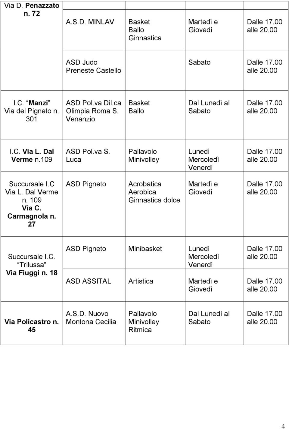 C Via L. Dal Verme n. 109 Via C. Carmagnola n. 27 ASD Pigneto Acrobatica Aerobica dolce Trilussa Via Fiuggi n.