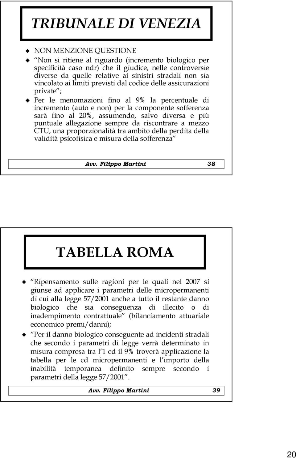 al 20%, assumendo, salvo diversa e più puntuale allegazione sempre da riscontrare a mezzo CTU, una proporzionalità tra ambito della perdita della validità psicofisica e misura della sofferenza Avv.