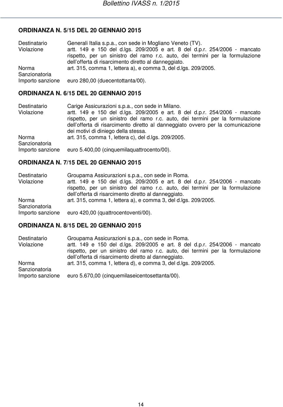 ORDINANZA N. 6/15 DEL 20 GENNAIO 2015 Carige Assicurazioni s.p.a., con sede in Milano. artt. 149 e 150 del d.lgs. 209/2005 e art. 8 del d.p.r. 254/2006 - mancato rispetto, per un sinistro del ramo r.