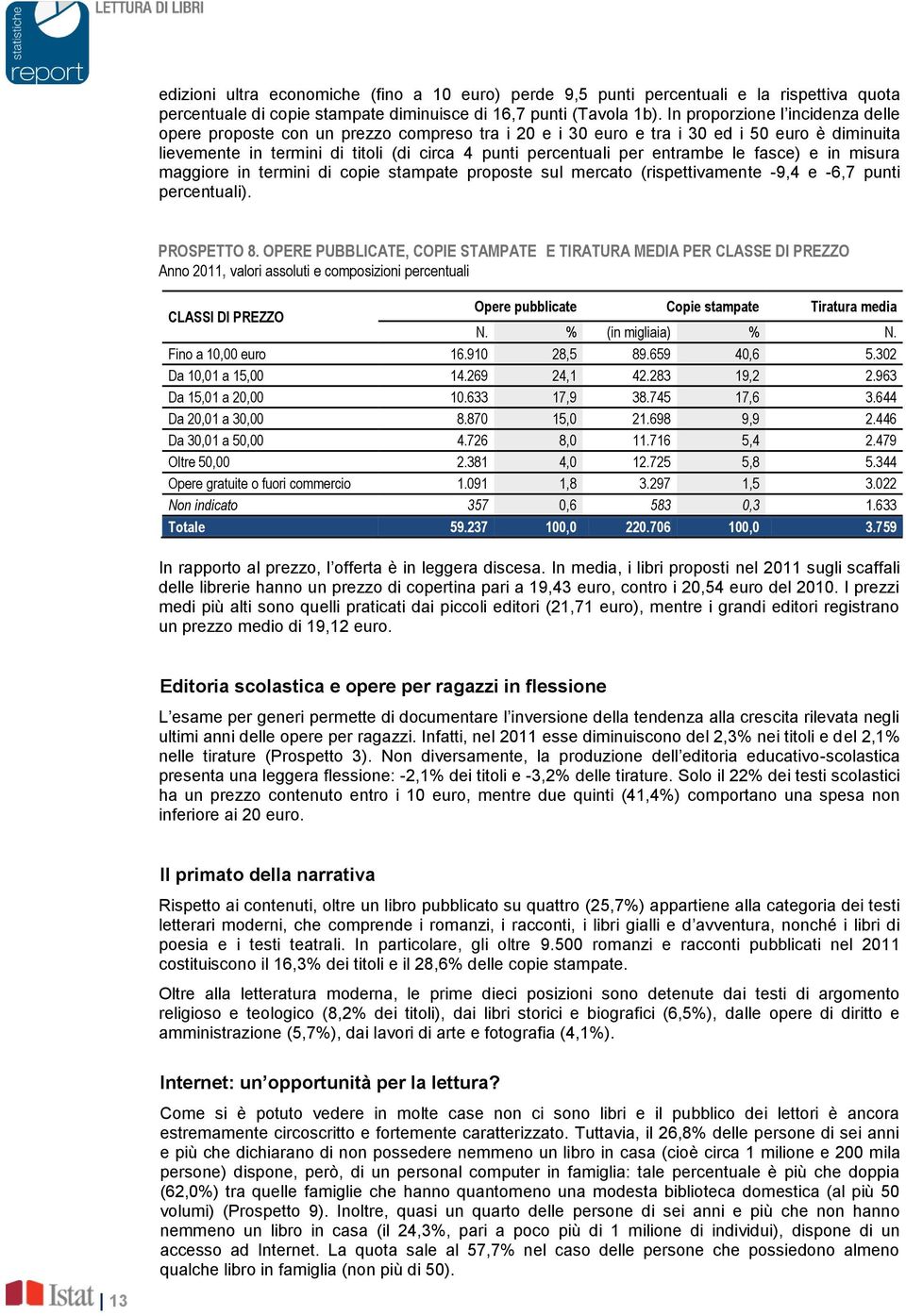 entrambe le fasce) e in misura maggiore in termini di copie stampate proposte sul mercato (rispettivamente -9,4 e -6,7 punti percentuali). PROSPETTO 8.