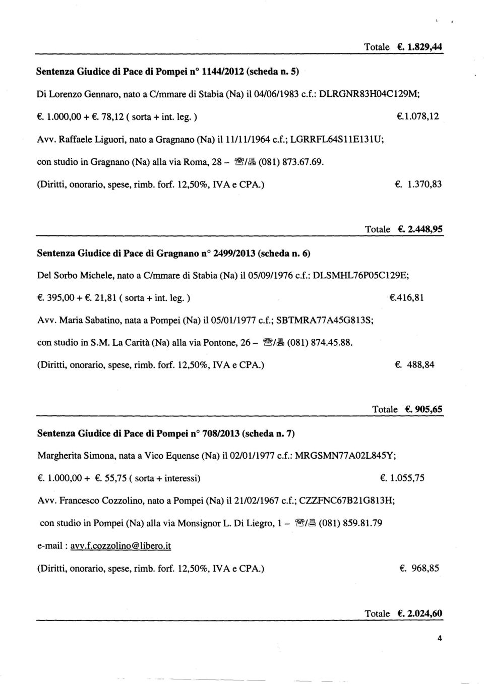 (Diritti, onorario, spese, rimb. forf. 12,50%, IVA e CPA.). 1.370,83 Totale. 2.448,95 Sentenza Giudice di Pace di Gragnano n? 2499/2013 (scheda n.