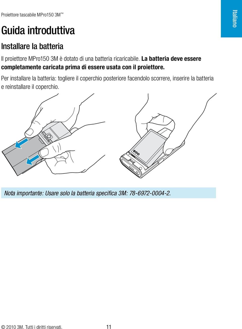 Per installare la batteria: togliere il coperchio posteriore facendolo scorrere, inserire la batteria e reinstallare