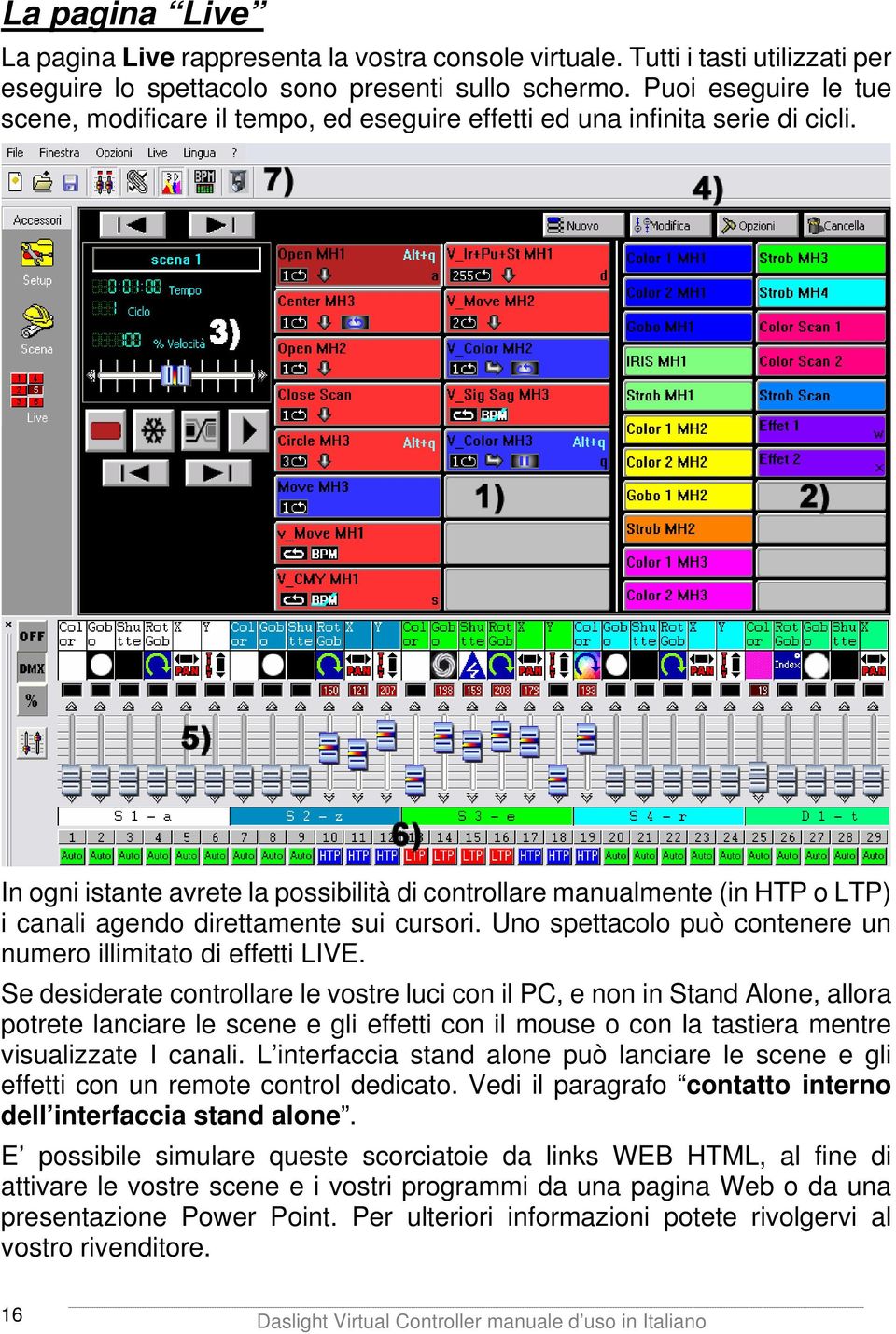 In ogni istante avrete la possibilità di controllare manualmente (in HTP o LTP) i canali agendo direttamente sui cursori. Uno spettacolo può contenere un numero illimitato di effetti LIVE.