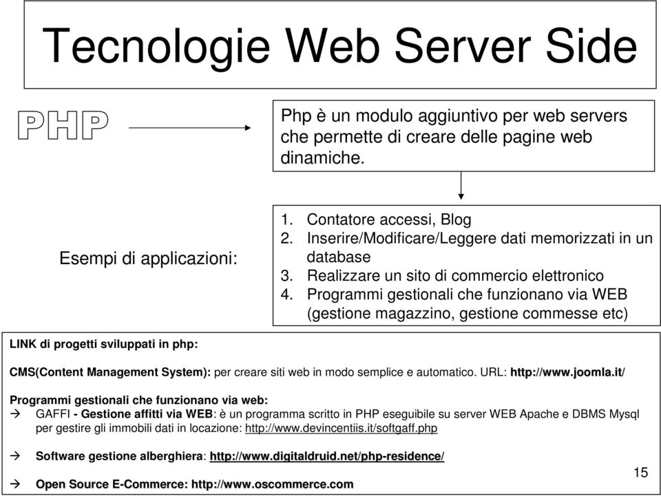 Programmi gestionali che funzionano via WEB (gestione magazzino, gestione commesse etc) LINK di progetti sviluppati in php: CMS(Content Management System): per creare siti web in modo semplice e