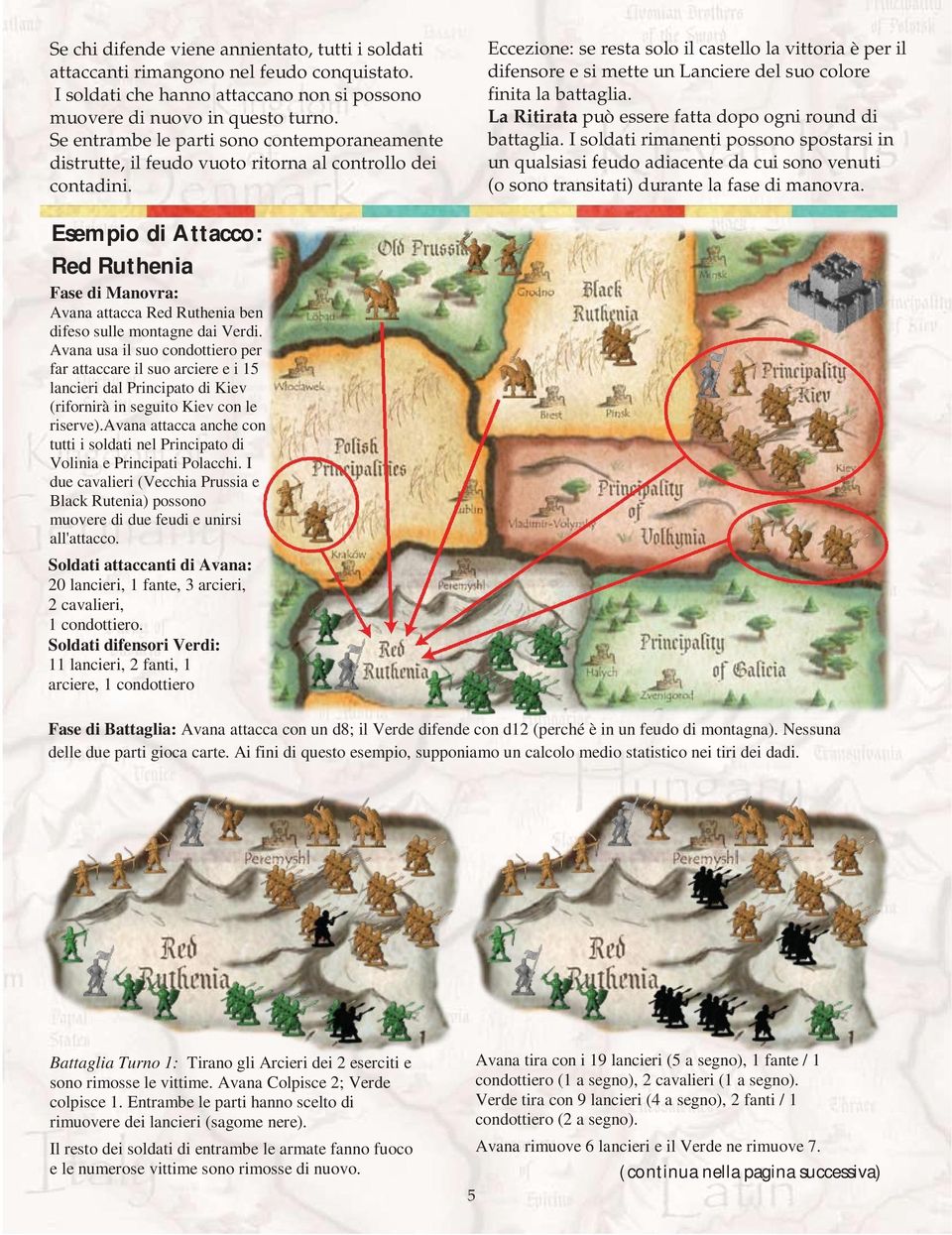 Eccezione: se resta solo il castello la vittoria è per il difensore e si mette un Lanciere del suo colore finita la battaglia. La Ritirata può essere fatta dopo ogni round di battaglia.