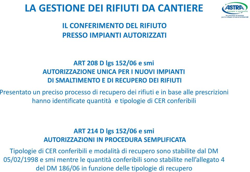 di CER conferibili ART 214 D lgs152/06 e smi AUTORIZZAZIONI IN PROCEDURA SEMPLIFICATA Tipologie di CER conferibili e modalità di recupero sono