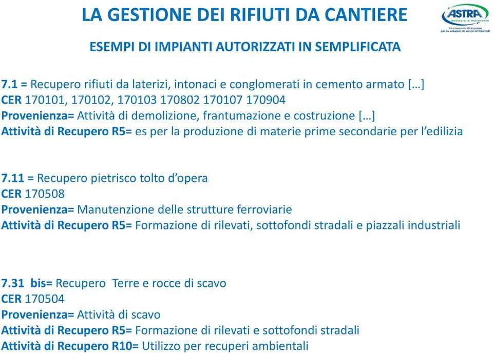 costruzione [ ] Attività di Recupero R5= es per la produzione di materie prime secondarie per l edilizia 7.