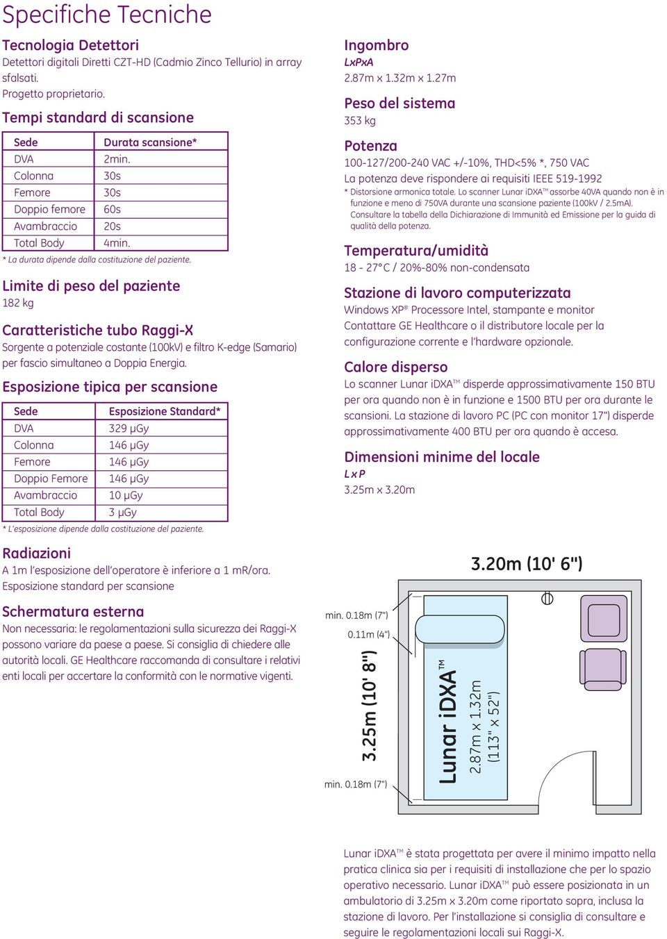 Limite di peso del paziente 182 kg Caratteristiche tubo Raggi-X Sorgente a potenziale costante (100kV) e filtro K-edge (Samario) per fascio simultaneo a Doppia Energia.