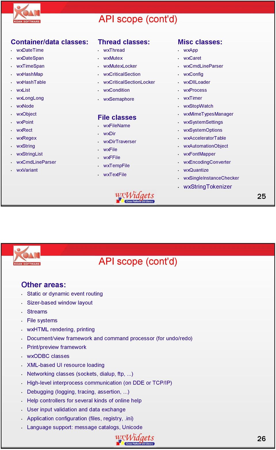 wxtextfile Misc classes: wxapp wxcaret wxcmdlineparser wxconfig wxdllloader wxprocess wxtimer wxstopwatch wxmimetypesmanager wxsystemsettings wxsystemoptions wxacceleratortable wxautomationobject