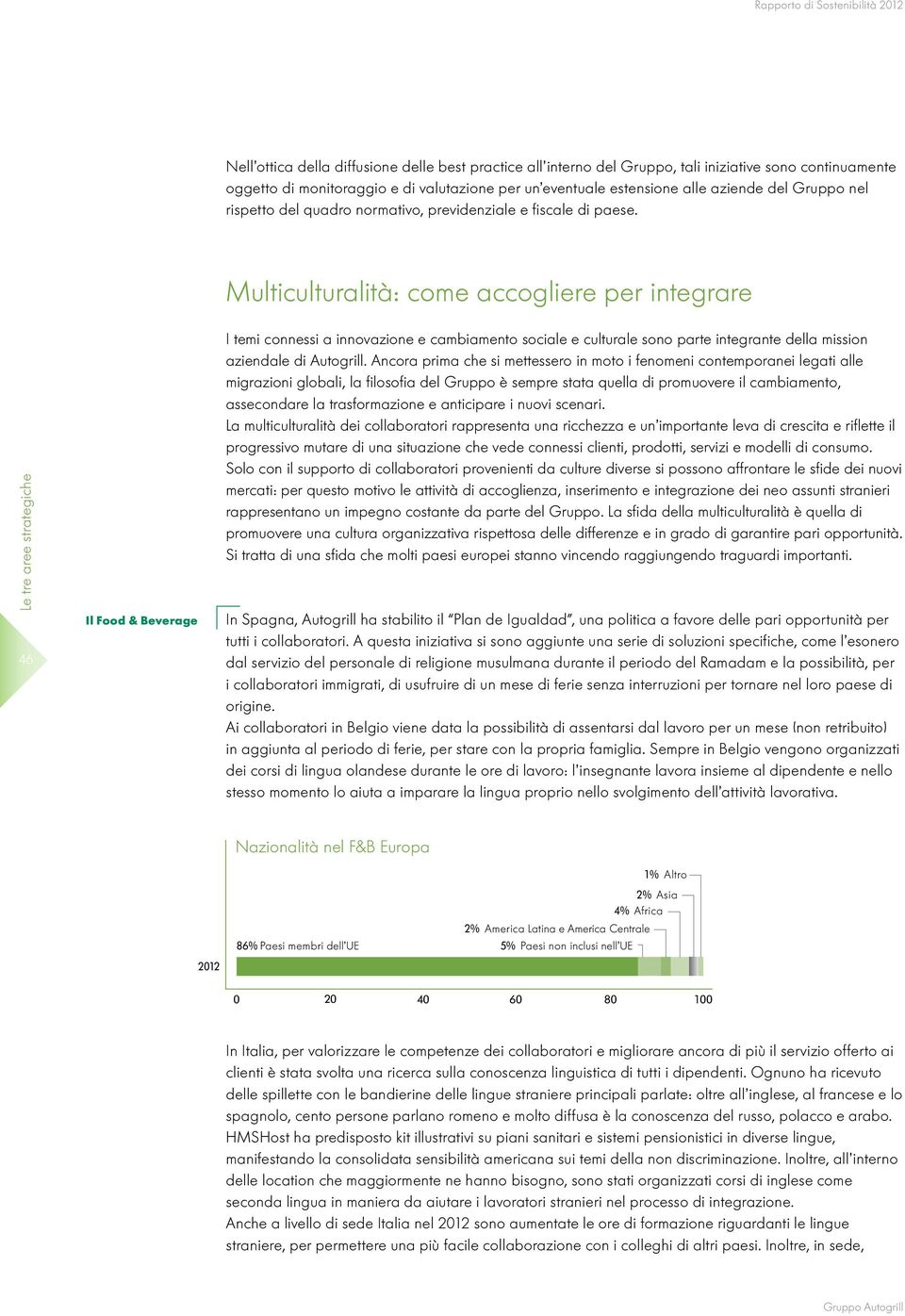 Multiculturalità: come accogliere per integrare Le tre aree strategiche 46 Il Food & Beverage I temi connessi a innovazione e cambiamento sociale e culturale sono parte integrante della mission