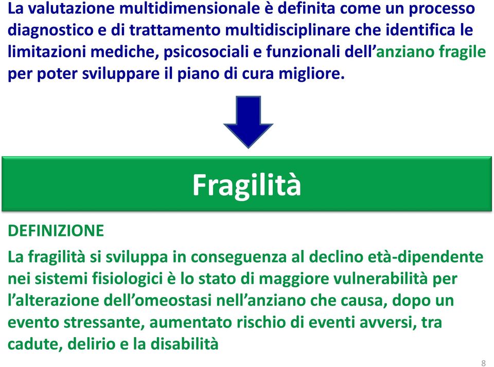 Fragilità DEFINIZIONE La fragilità si sviluppa in conseguenza al declino età-dipendente nei sistemi fisiologici è lo stato di maggiore