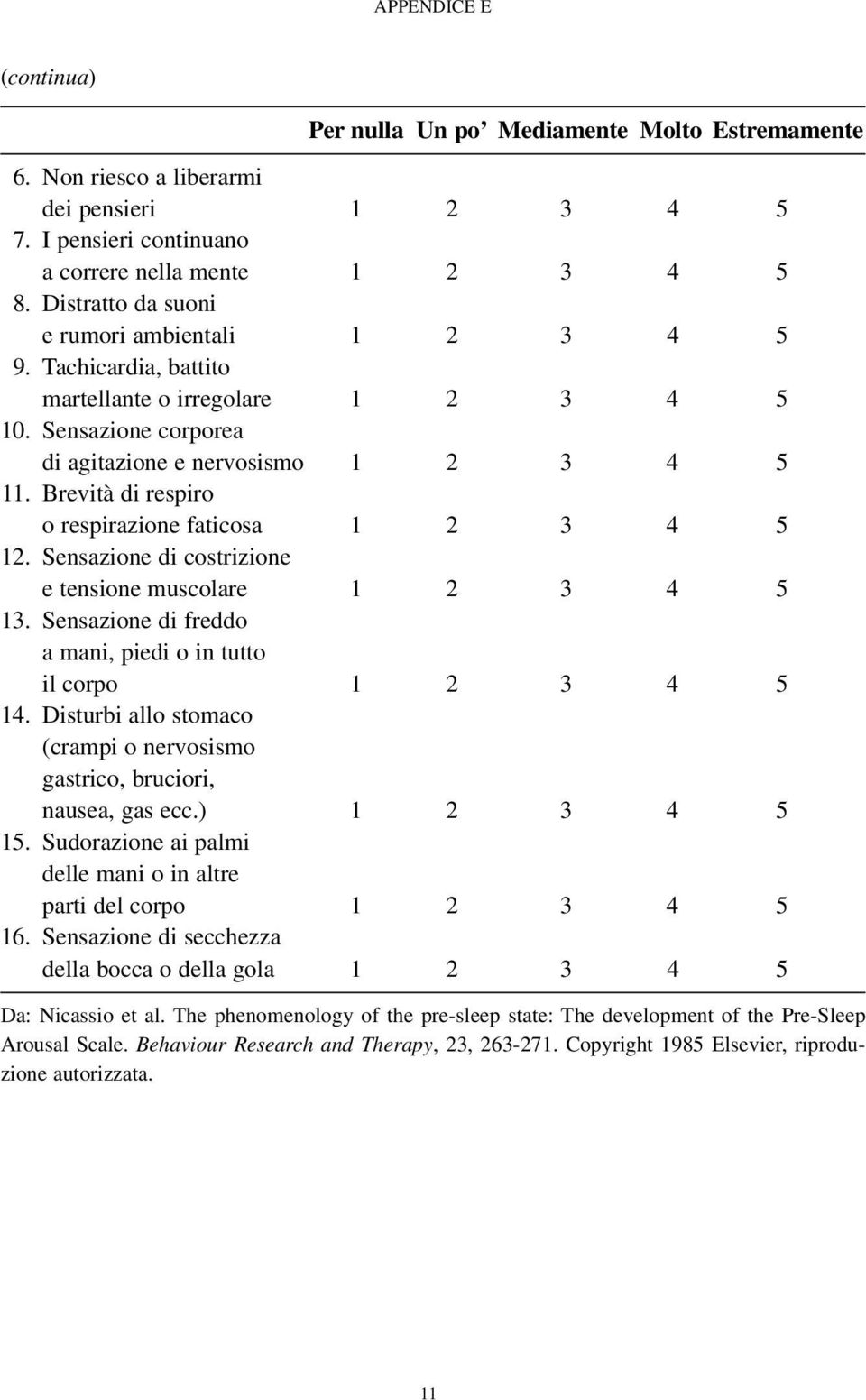 Brevità di respiro o respirazione faticosa 1 2 3 4 5 12. Sensazione di costrizione e tensione muscolare 1 2 3 4 5 13. Sensazione di freddo a mani, piedi o in tutto il corpo 1 2 3 4 5 14.