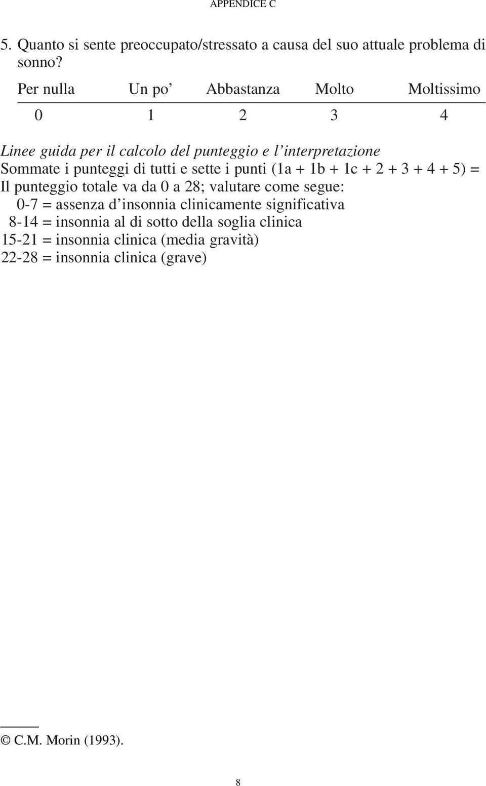 di tutti e sette i punti (1a + 1b + 1c + 2 + 3 + 4 + 5) = Il punteggio totale va da 0 a 28; valutare come segue: 0-7 = assenza d