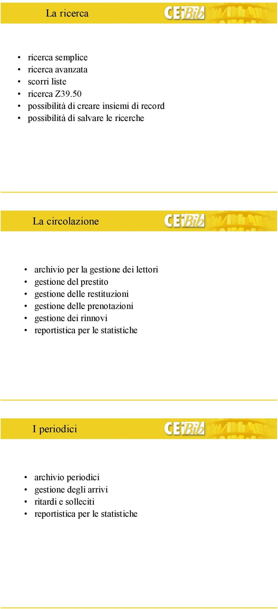 la gestione dei lettori gestione del prestito gestione delle restituzioni gestione delle prenotazioni