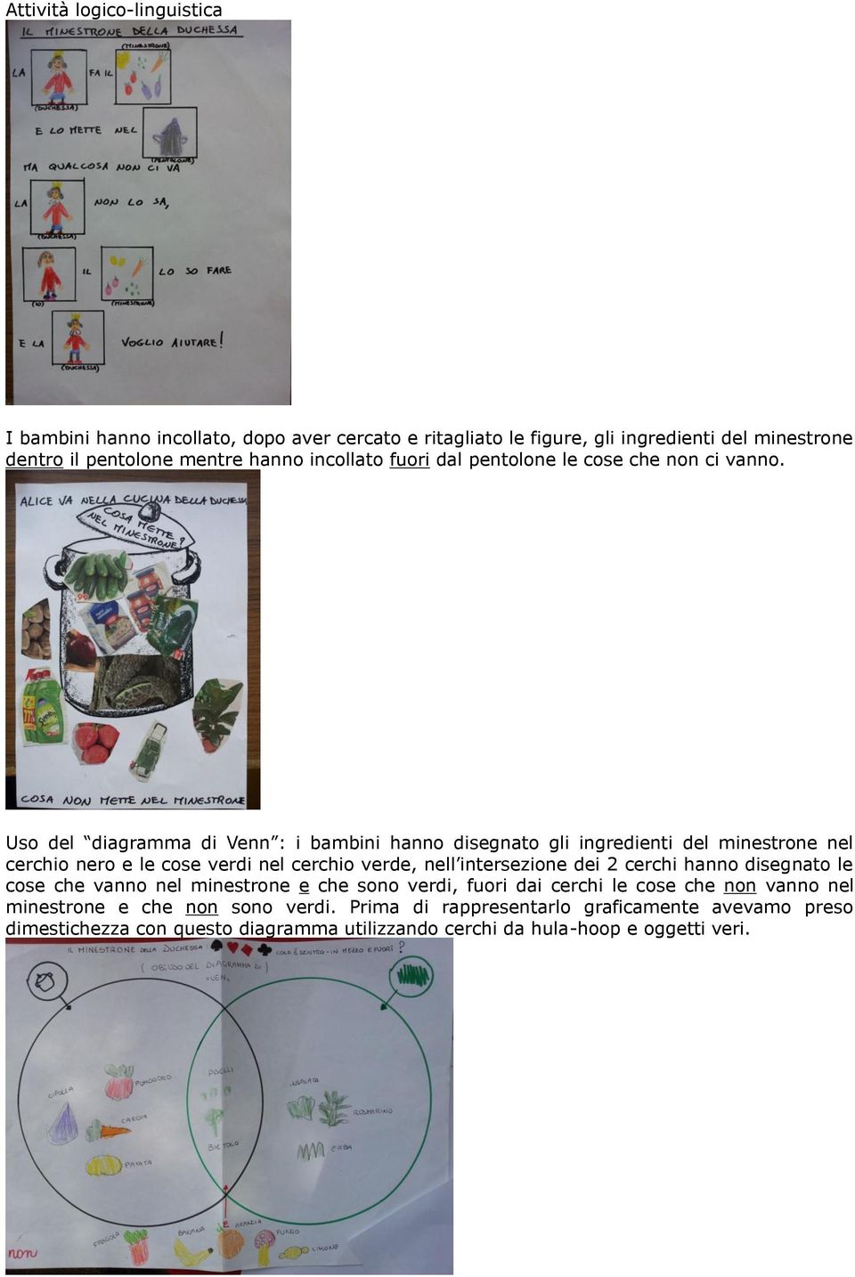 Uso del diagramma di Venn : i bambini hanno disegnato gli ingredienti del minestrone nel cerchio nero e le cose verdi nel cerchio verde, nell intersezione dei 2