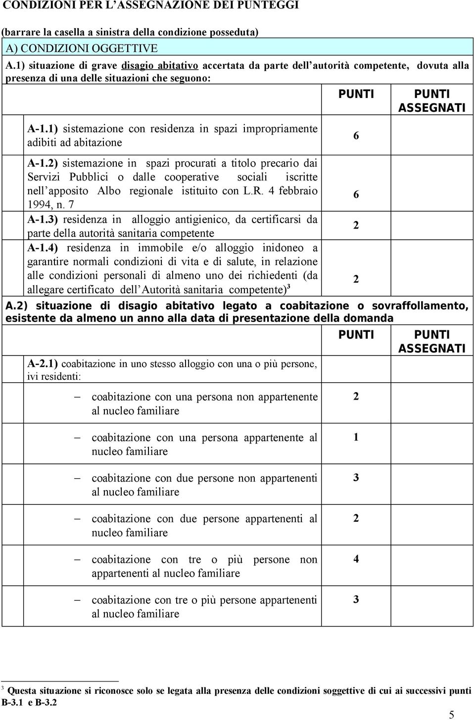 ) sistemazione con residenza in spazi impropriamente adibiti ad abitazione A-.