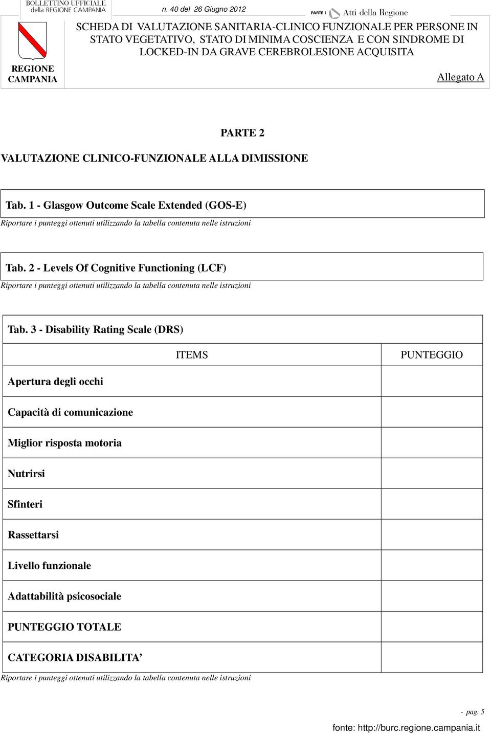 2 - Levels Of Cognitive Functioning (LCF) Riportare i punteggi ottenuti utilizzando la tabella contenuta nelle istruzioni Tab.