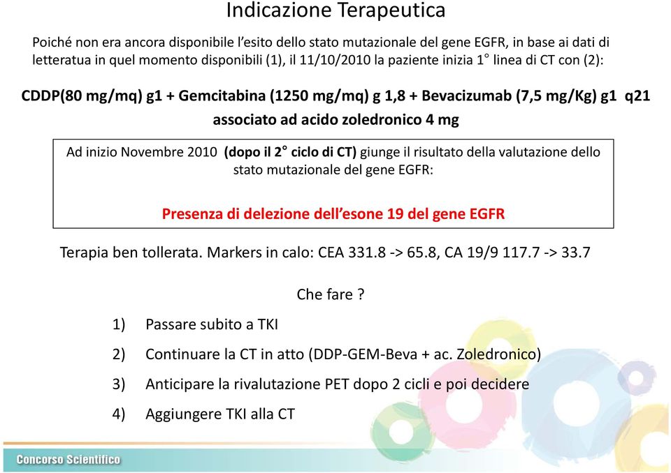 CT) giunge il risultato della valutazione dello stato mutazionale del gene EGFR: Presenza di delezione dell esone 19 del gene EGFR Terapia ben tollerata. Markers in calo: CEA 331.8 > 65.