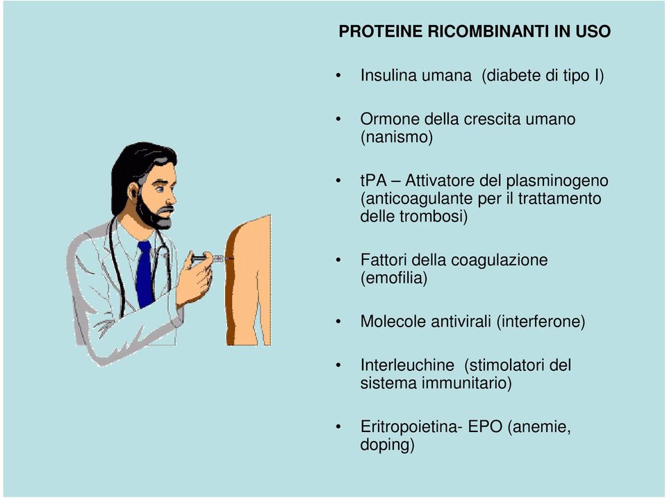 delle trombosi) Fattori della coagulazione (emofilia) Molecole antivirali