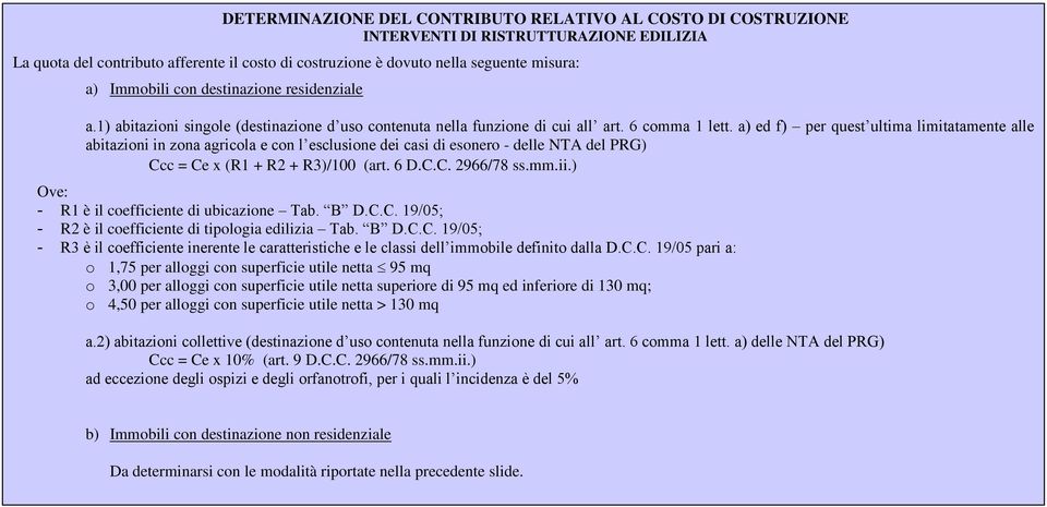 a) ed f) per quest ultima limitatamente alle abitazioni in zona agricola e con l esclusione dei casi di esonero - delle NTA del PRG) Ccc = Ce x (R1 + R2 + R3)/100 (art. 6 D.C.C. 2966/78 ss.mm.ii.