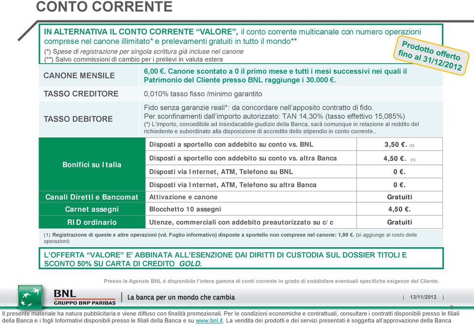 Canone scontato a 0 il primo mese e tutti i mesi successivi nei quali il Patrimonio del Cliente presso BNL raggiunge i 30.000.