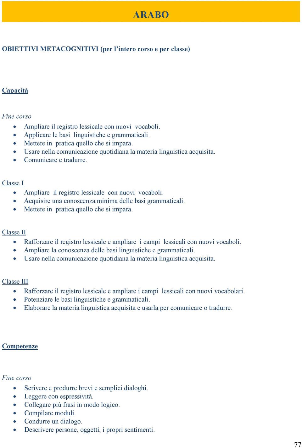 Acquisire una conoscenza minima delle basi grammaticali. Mettere in pratica quello che si impara. Classe II Rafforzare il registro lessicale e ampliare i campi lessicali con nuovi vocaboli.