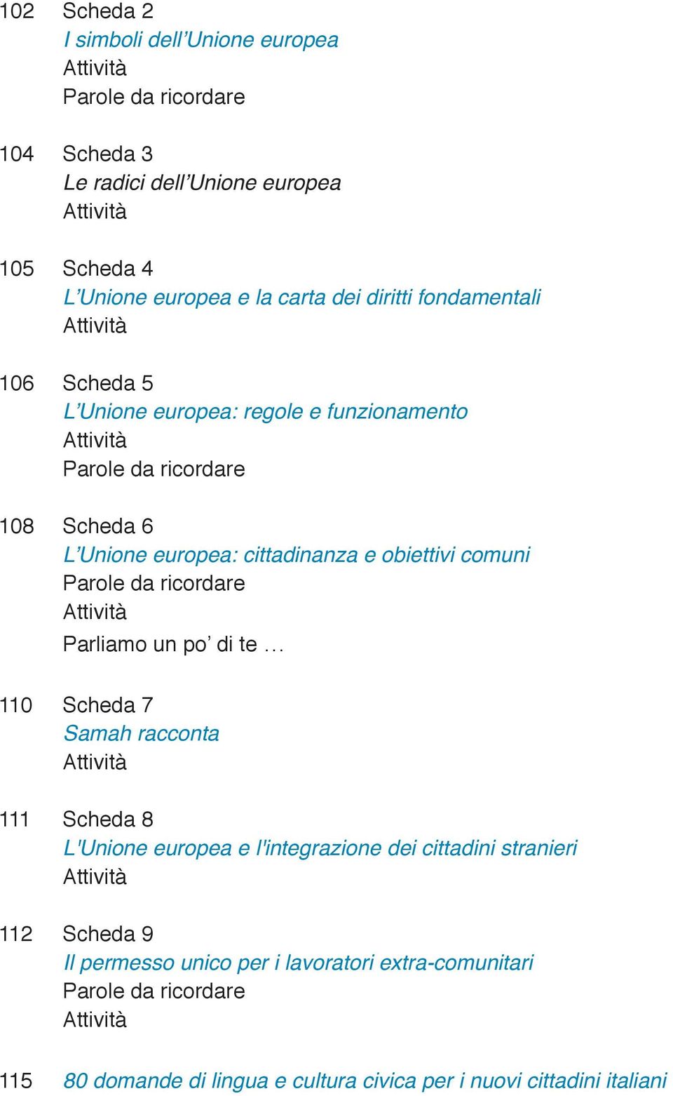 comuni Parole da ricordare Parliamo un po di te 110 Scheda 7 Samah racconta 111 Scheda 8 L'Unione europea e l'integrazione dei cittadini stranieri 112