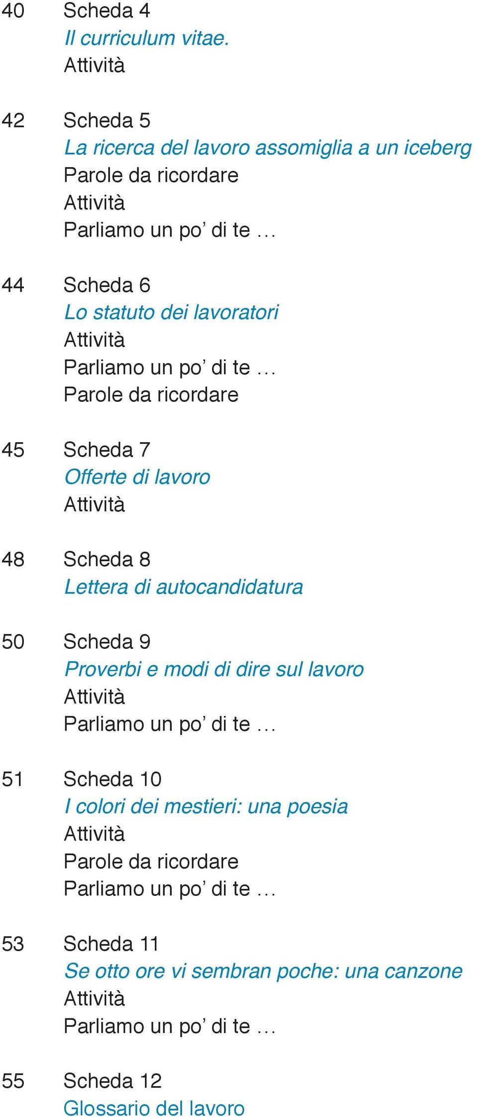 Parliamo un po di te Parole da ricordare 45 Scheda 7 Offerte di lavoro 48 Scheda 8 Lettera di autocandidatura 50 Scheda 9 Proverbi e