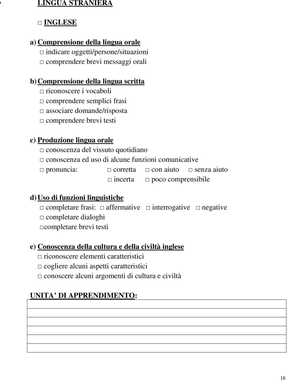 pronuncia: corretta con aiuto senza aiuto incerta poco comprensibile d) Uso di funzioni linguistiche completare frasi: affermative interrogative negative completare dialoghi completare brevi