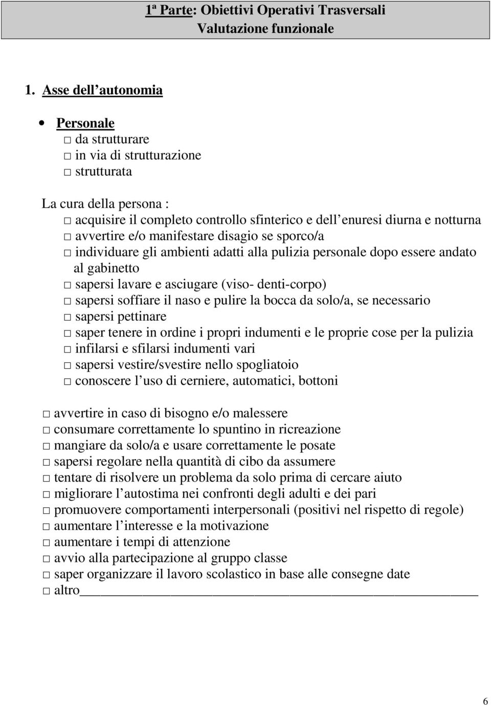 manifestare disagio se sporco/a individuare gli ambienti adatti alla pulizia personale dopo essere andato al gabinetto sapersi lavare e asciugare (viso- denti-corpo) sapersi soffiare il naso e pulire