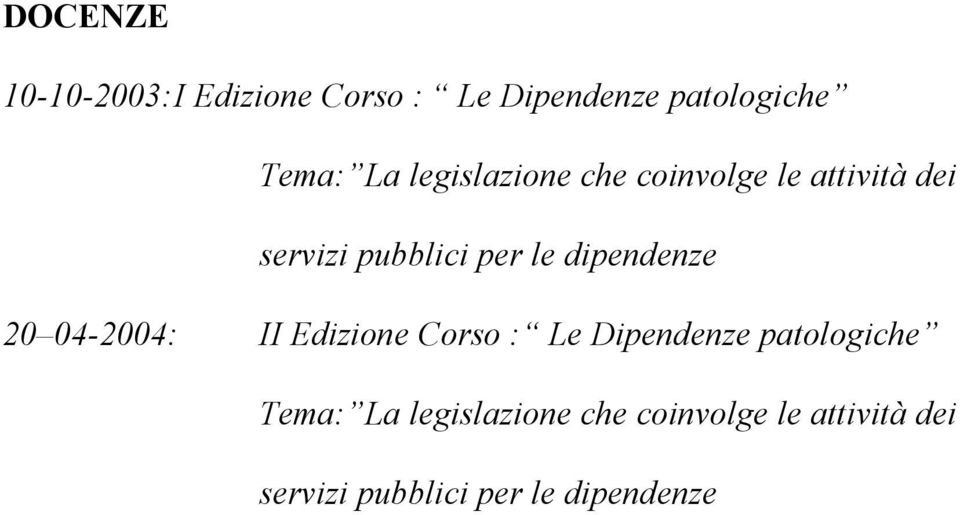 dipendenze 20 04-2004: II Edizione Corso : Le Dipendenze patologiche