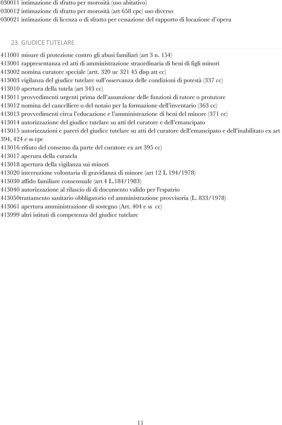 154) 413001 rappresentanza ed atti di amministrazione straordinaria di beni di figli minori 413002 nomina curatore speciale (artt.