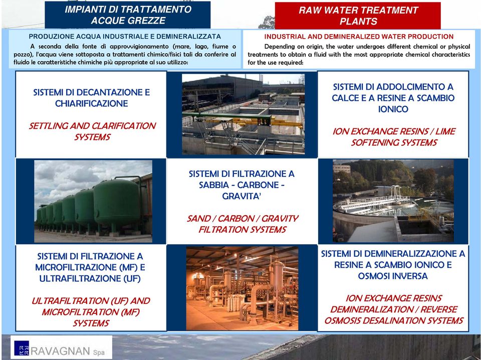 the water undergoes different chemical or physical treatments to obtain a fluid with the most appropriate chemical characteristics for the use required: SISTEMI DI DECANTAZIONE E CHIARIFICAZIONE