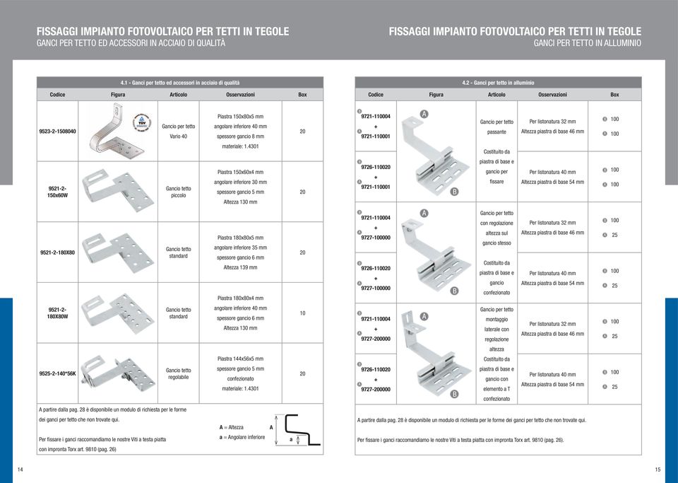 2 - Ganci per tetto in alluminio 9523-2-508040 Gancio per tetto Vario 40 Piastra 50x80x5 mm angolare inferiore 40 mm spessore gancio 8 mm 20 972-0004 + 972-000 Gancio per tetto passante Per