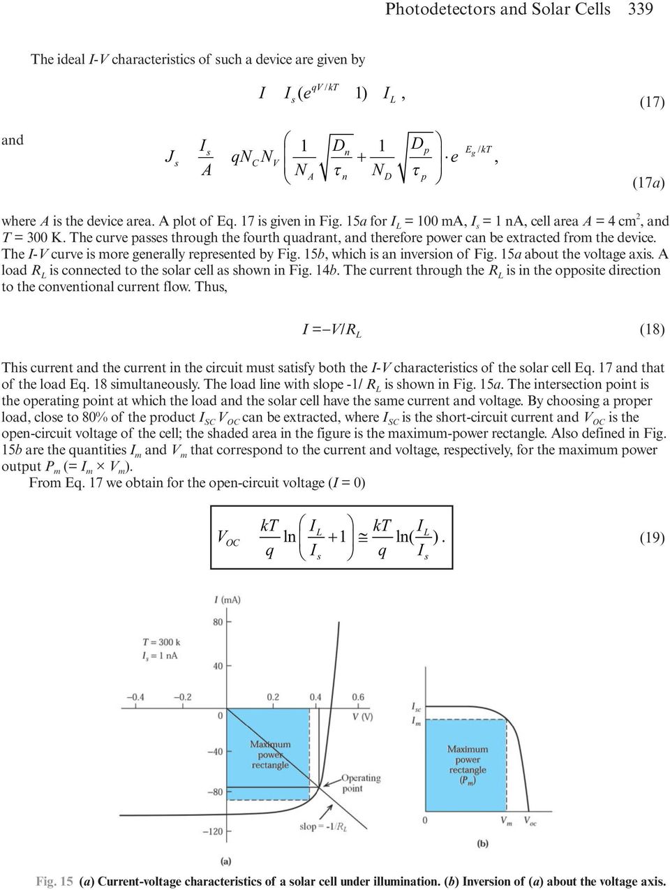 The curve passes through the fourth quadrant, and therefore power can be extracted from the device. The I-V curve is more generally represented by Fig. 15b, which is an inversion of Fig.