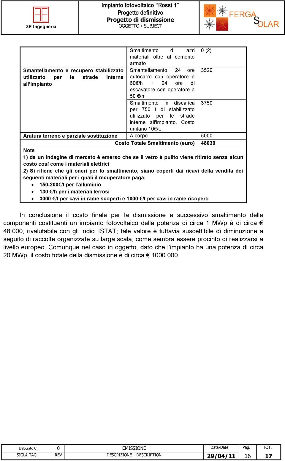 0 (2) 3520 3750 Aratura terreno e parziale sostituzione A corpo 5000 Costo Totale Smaltimento (euro) 48030 Note 1) da un indagine di mercato è emerso che se il vetro è pulito viene ritirato senza