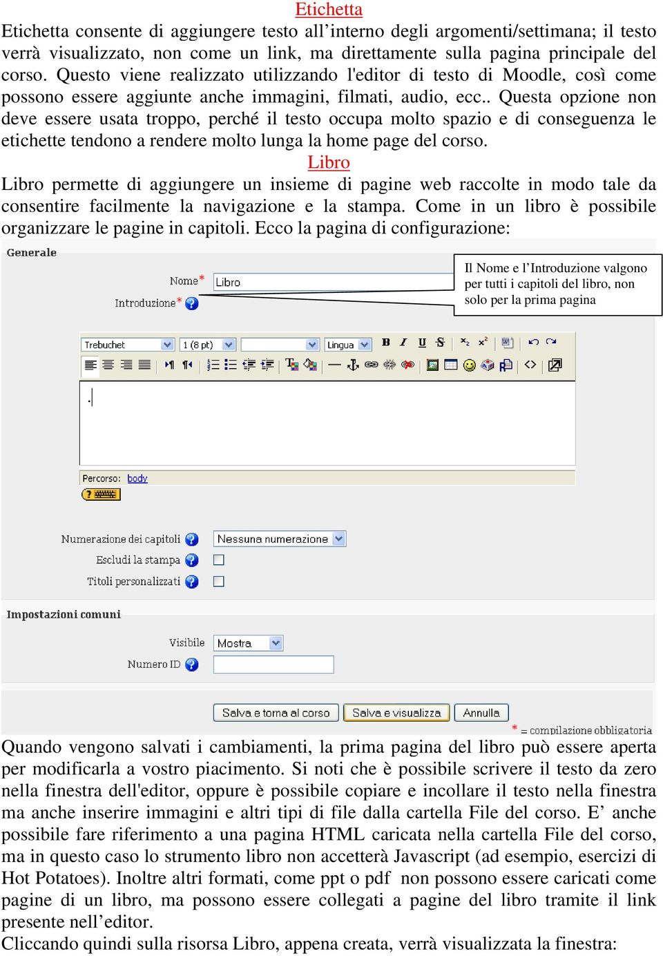 . Questa opzione non deve essere usata troppo, perché il testo occupa molto spazio e di conseguenza le etichette tendono a rendere molto lunga la home page del corso.