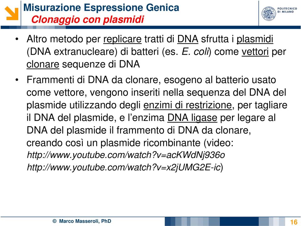 sequenza del DNA del plasmide utilizzando degli enzimi di restrizione, per tagliare il DNA del plasmide, e l enzima DNA ligase per legare al DNA